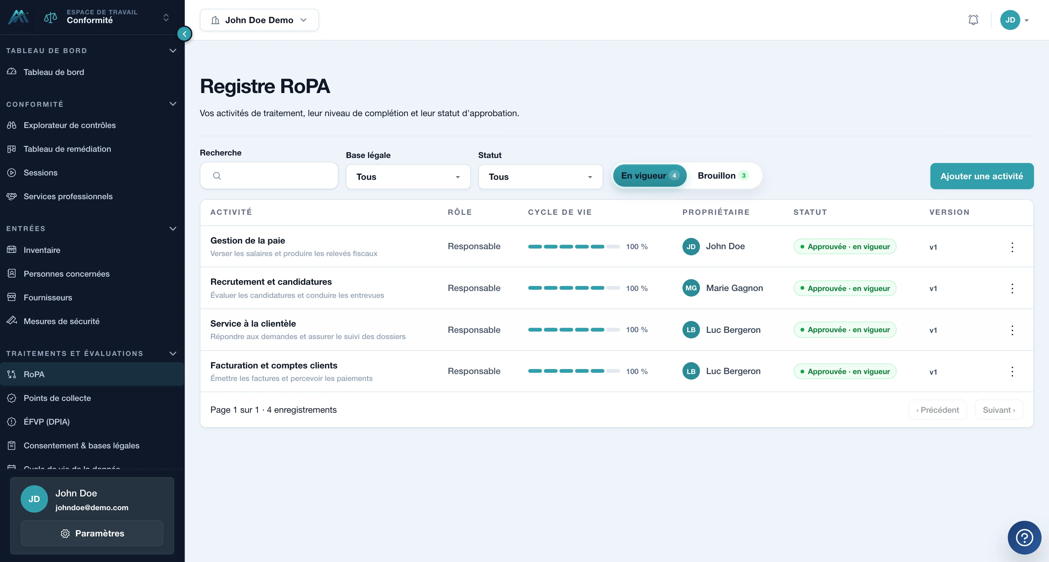 Registre RoPA d’Agent AlexArc : activités de traitement, propriétaires, cycle de vie et statut d’approbation